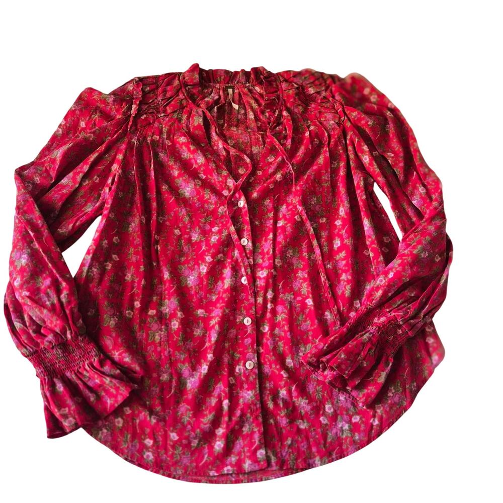 Free People Red Floral‎ Boho Peasant Blouse Smocked Ruffle Button Down Top S